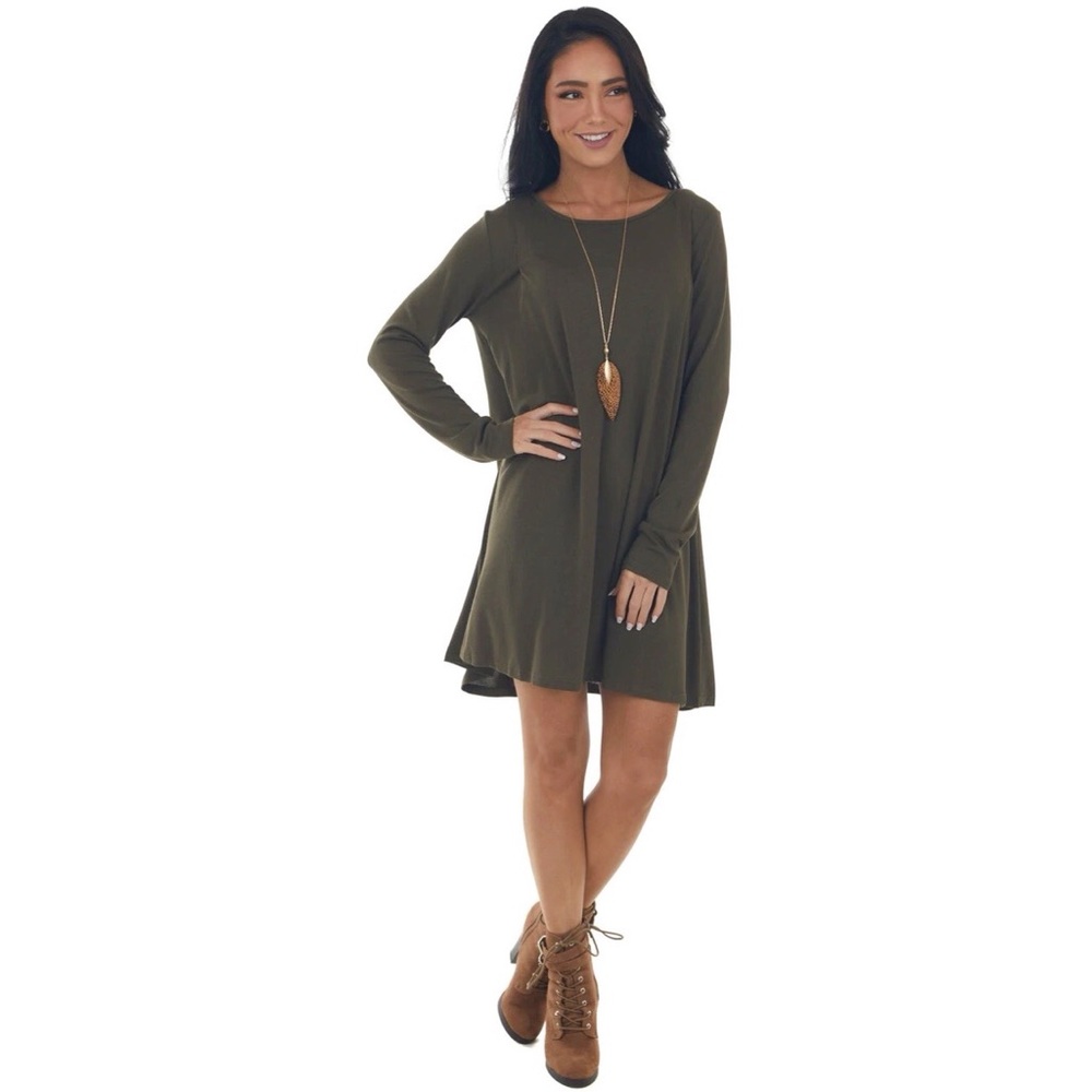 Umgee Oversized Olive Knit Long Sleeve A-line Swing Dress Pleating | Size Small